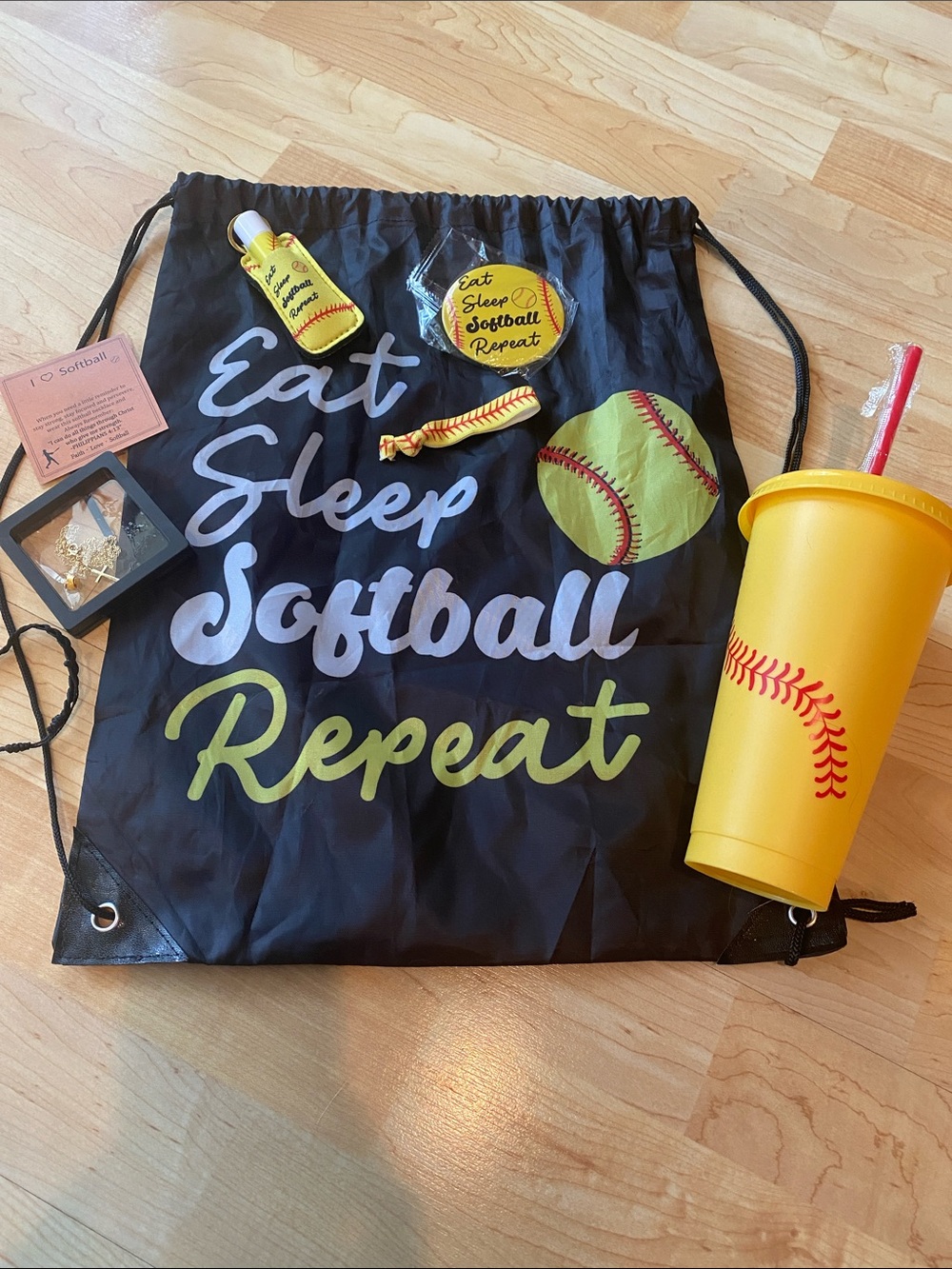 Bundle of 8 Eat Sleep Softball Repeat gifts including Backpack necklace and cup
